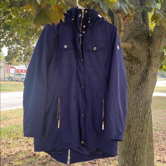 Michael Kohrs Missy Navy Blue Coat full zip buttons & Hood L NEW gold trim $220 - Picture 1 of 12